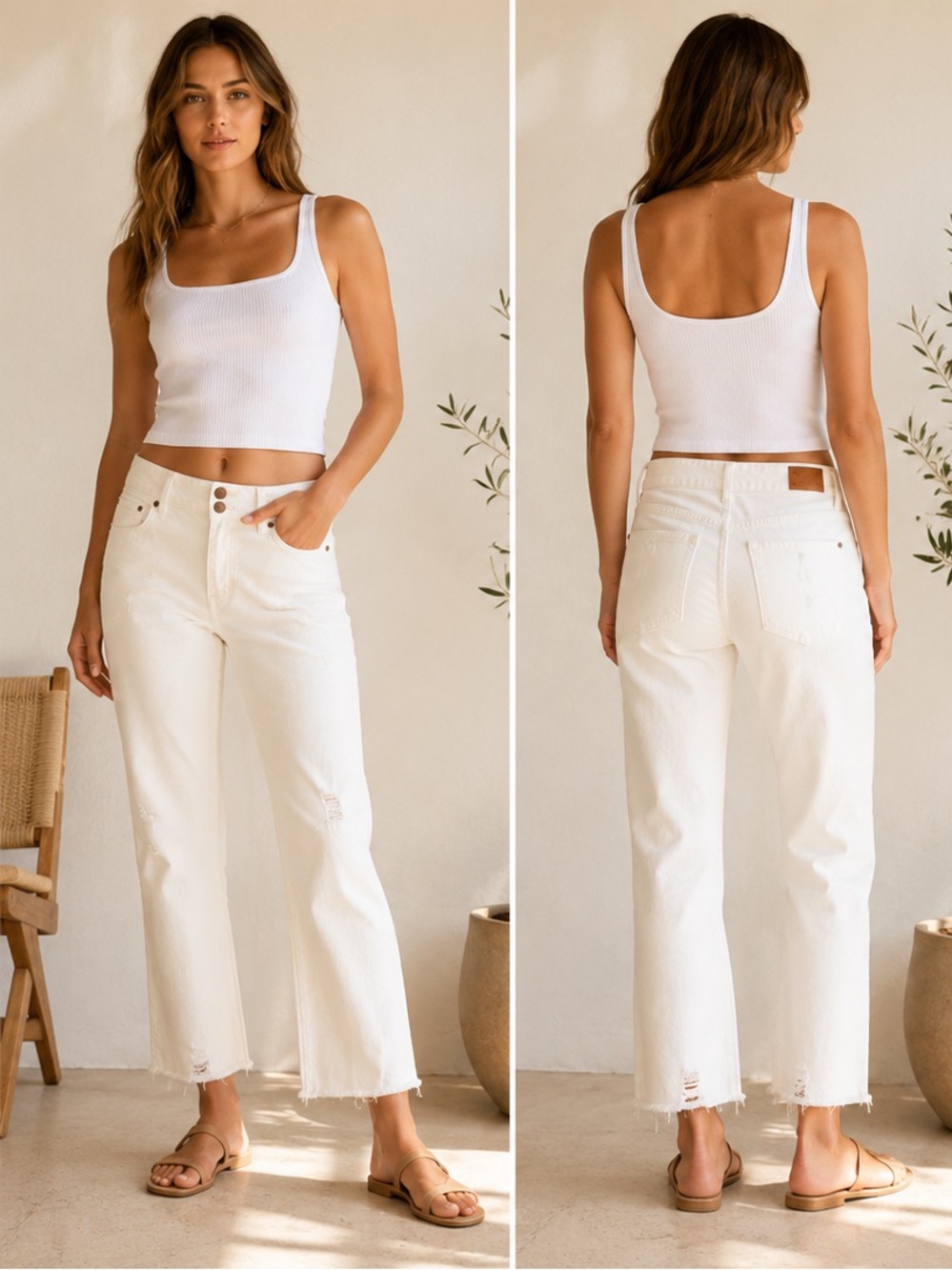 CAbi White Bi-Low Crop Distressed Raw Hem Jeans | Size 6